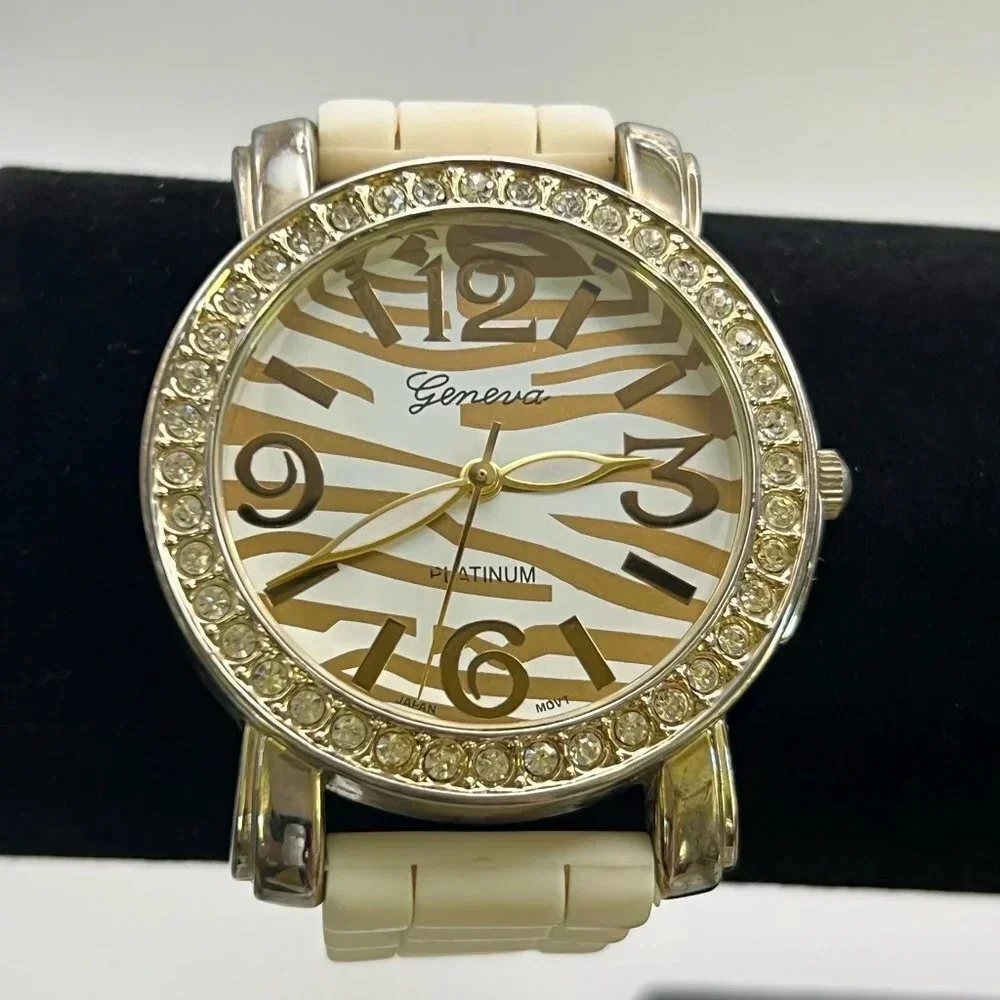 Geneva Platinum Oversized Ladies Zebra Watch Working